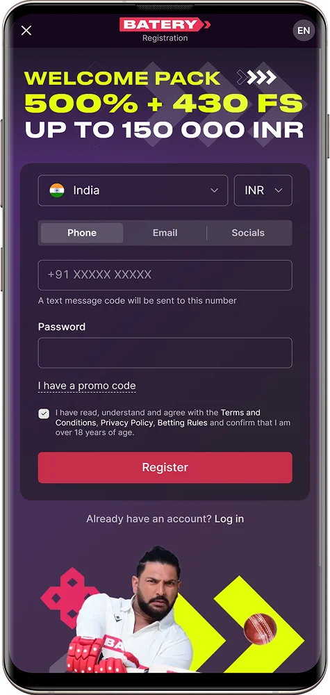 Screenshot of registration in Batery Bet India