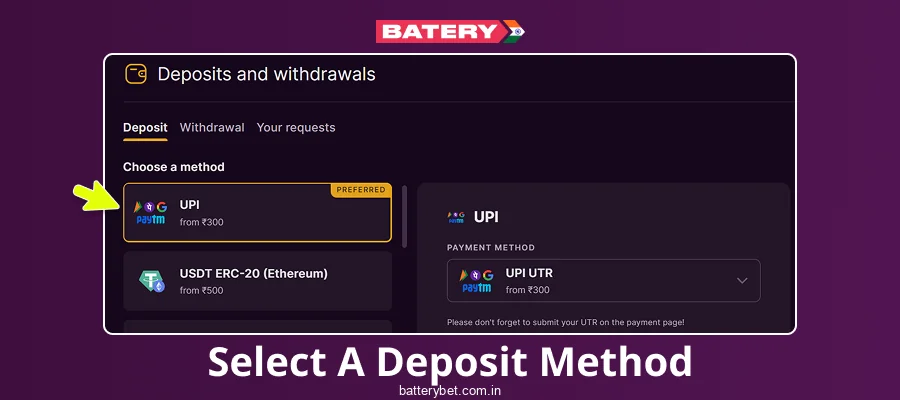 Select Batery Bet India Deposit Method